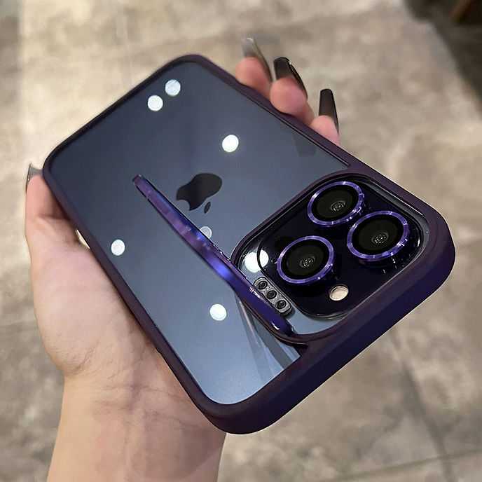 Metal Lens Stand Bracket Transparent Case For iPhone Camera Glass Protector