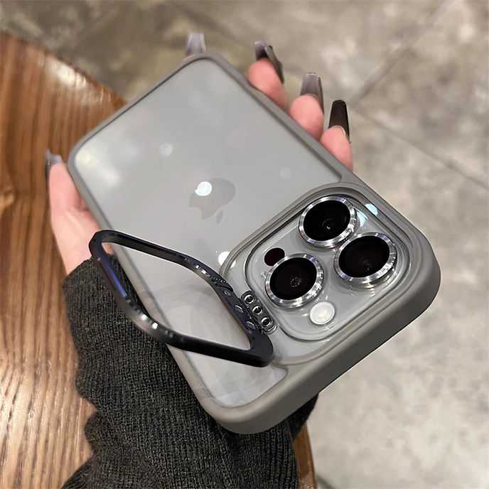 Metal Lens Stand Bracket Transparent Case For iPhone Camera Glass Protector