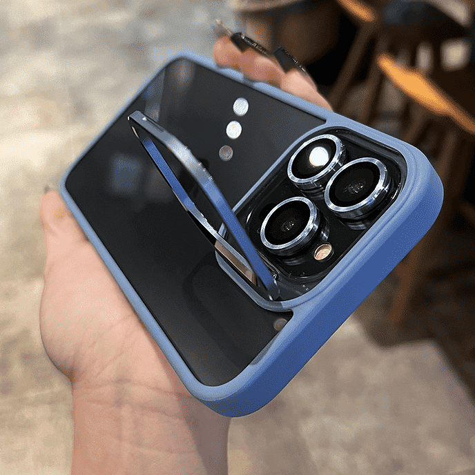 Metal Lens Stand Bracket Transparent Case For iPhone Camera Glass Protector