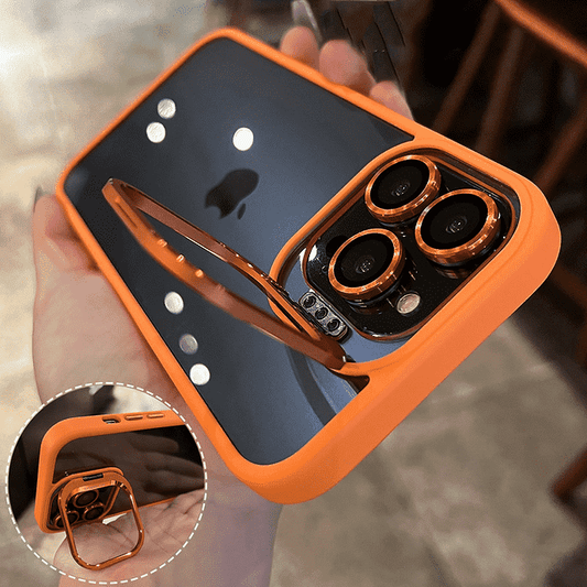 Metal Lens Stand Bracket Transparent Case For iPhone Camera Glass Protector