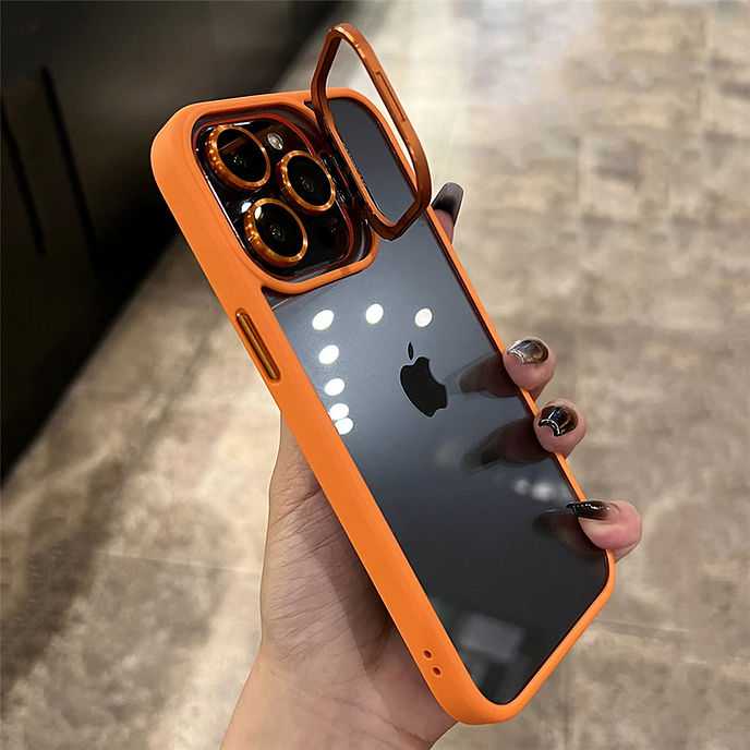 Metal Lens Stand Bracket Transparent Case For iPhone Camera Glass Protector